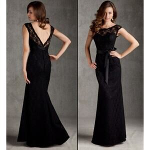 Mori Lee Black Lace Maxi Gown with Sash